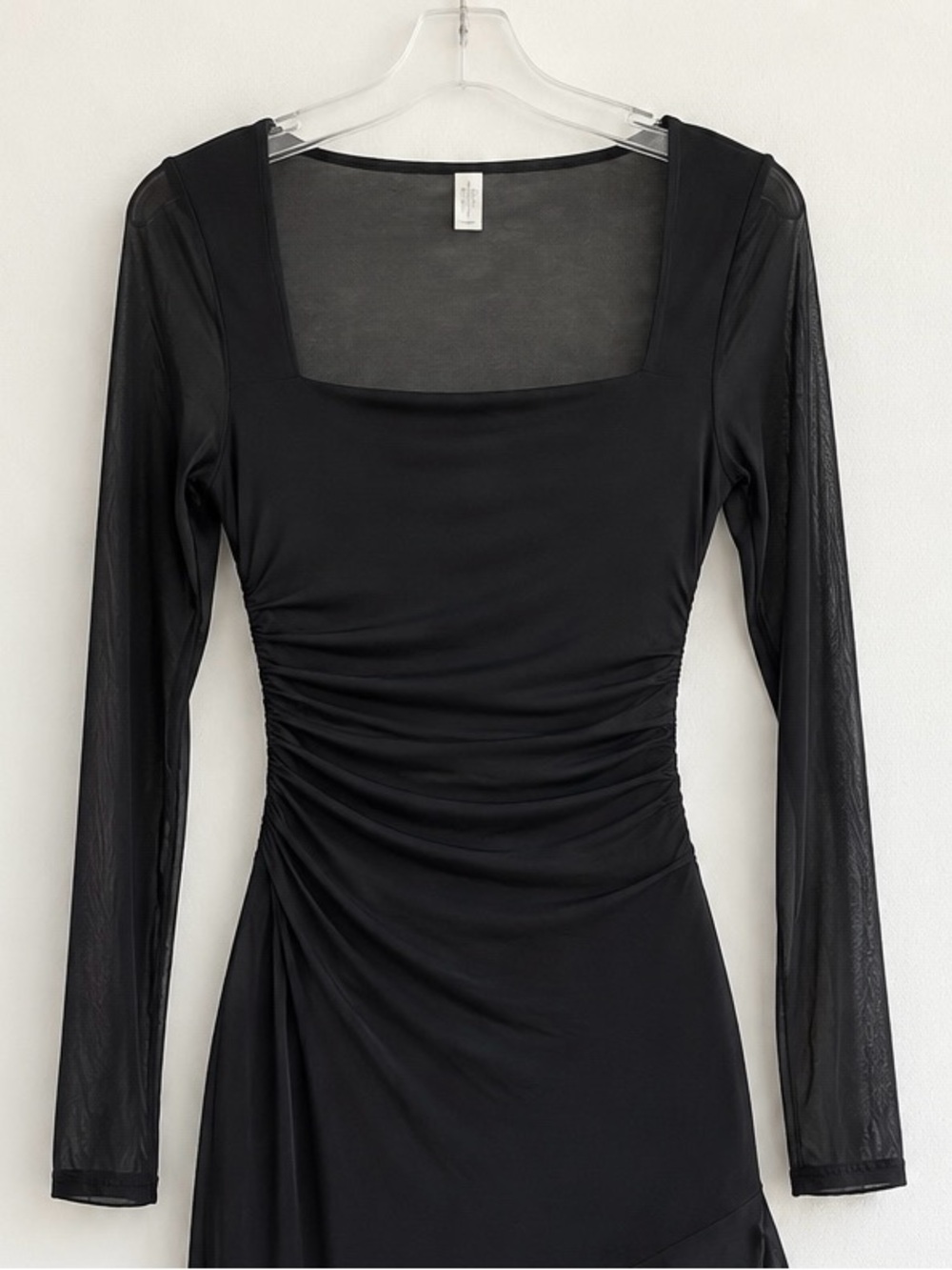 NWOT Black Ruched Mesh Maxi Dress XL Square Neck Long Sleeve Ruffle Slit - Picture 2 of 8